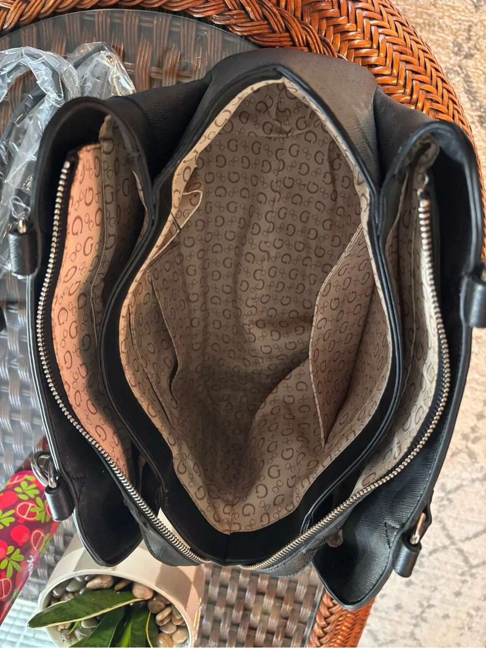 Guess Black Monogram Satchel with Silver Logo Accent